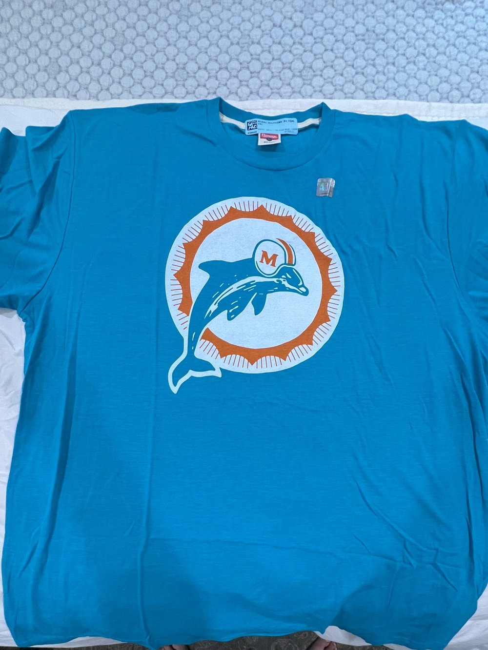 HOMAGE Teal Miami Dolphin Graphic Tee with Orange and White Logo
